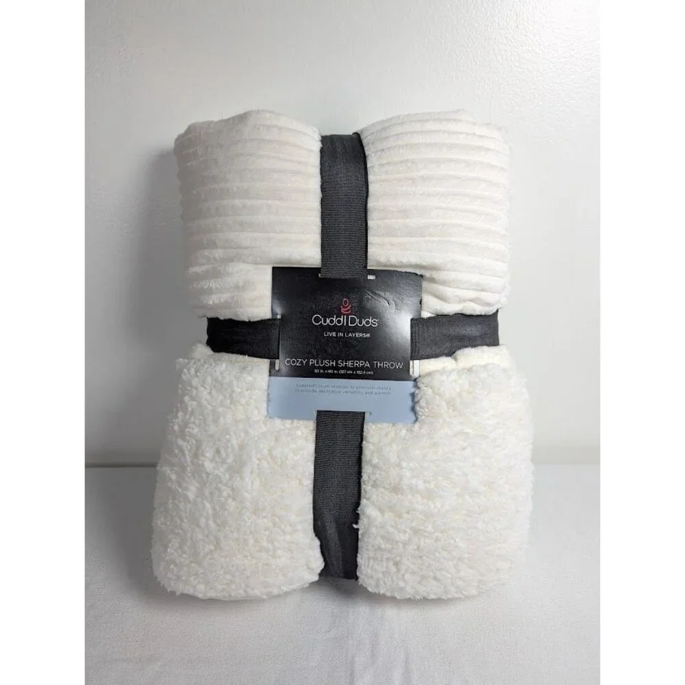 Cuddl Duds Sherpa Throw Blanket 50x60 White Ribbed Plush Christmas Cozy Soft NEW